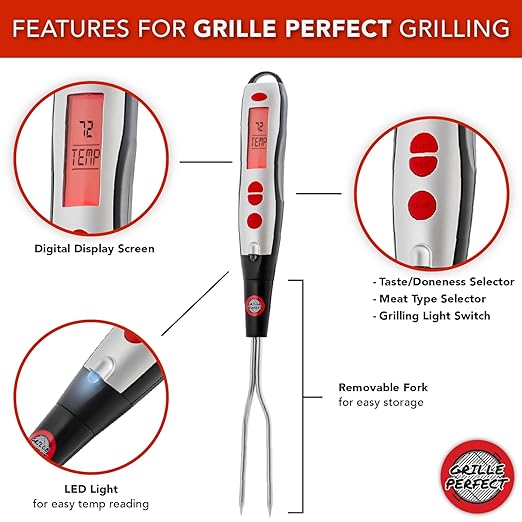 Digital Meat Thermometer Fork for Grilling and BBQ Fast Read Electronic Probes with Ready Alarm Quick Accurate Barbecue Temperature for Steak Chicken Hot Grilled Food