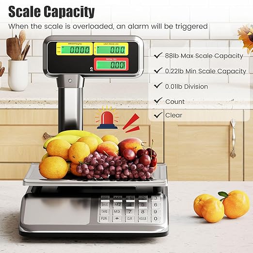 S AFSTAR Price Computing Scale with Pole Display, 88 lb Commercial Food Scale with Stainless Steel Platform, Rechargeable Battery, Tare & Count Function, Digital Market Scales for Retail Outlet, Meat