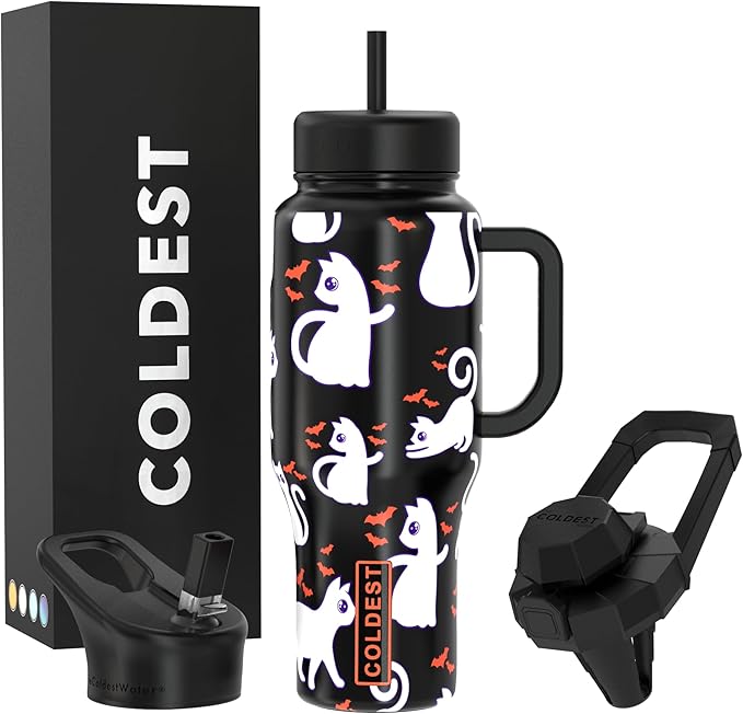 Coldest Tumbler with Handle and Straw, 100% Leak Proof Insulated Tumbler with Lid and Straw (3 Lids), Stainless Steel Tumblers for Women & Men, Cup Holder Friendly Base, 36 oz (Bats and Cats)