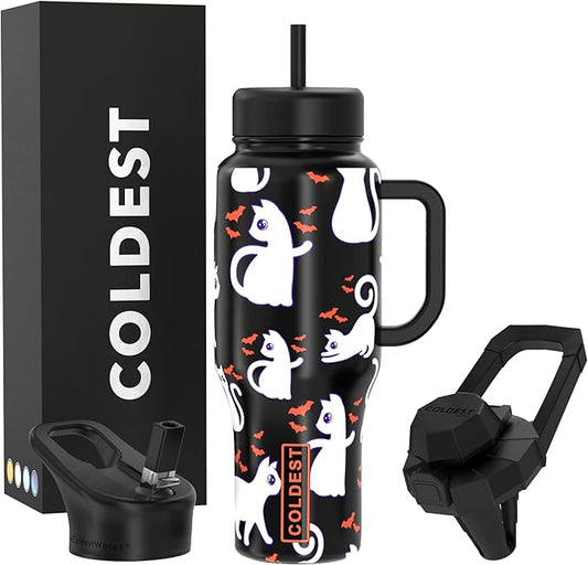 Coldest Tumbler with Handle and Straw, 100% Leak Proof Insulated Tumbler with Lid and Straw (3 Lids), Stainless Steel Tumblers for Women & Men, Cup Holder Friendly Base, 36 oz (Bats and Cats)