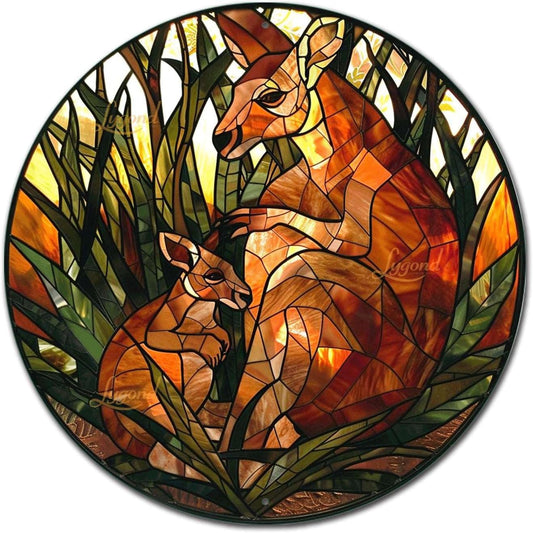 Lygond Metal Sign Tin Sign Circular Stained Glass Kangaroo Tin Signs For Garden For Bar 12×12 Inches