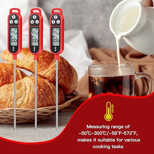 6 Pcs Instant Read Meat Thermometer with Long Probe 9.65 Inch Kitchen Cooking Food Candy Waterproof Digital Thermometer for BBQ Water Milk Yogurt Liquid Cooking(Red)