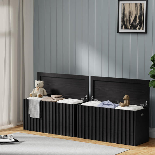 UEV Black Storage Bench Set of 2, 39.4" Fluted Wood Storage Trunk with 2 Safety Hinges, Sturdy Storage Chest, Storage Bench for Bedroom,Entryway, Living Room