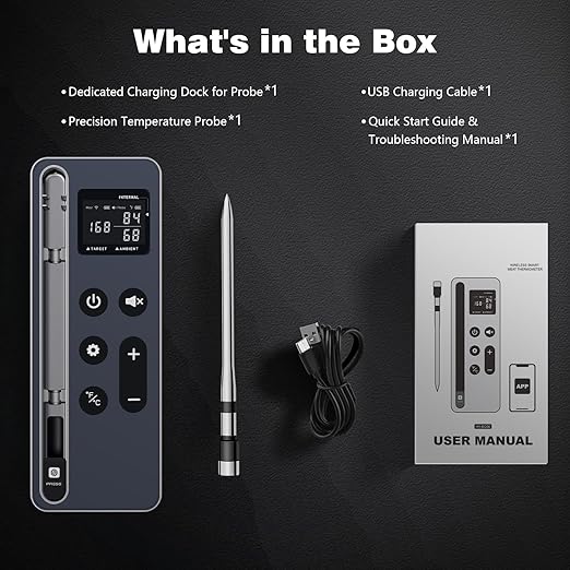 Smart Bluetooth Wireless Meat Thermometer – Wireless Smart Digital Meat Thermometer for Grilling, BBQ, Oven, Smoker, Air Fryer, and Kitchen – Great for Steak, Chicken, Turkey-Black