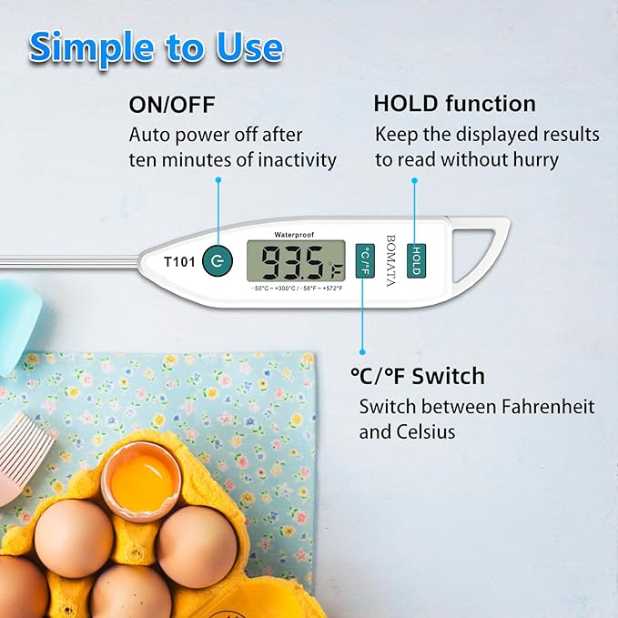 BOMATA Waterproof IPX7 Thermometer for Water, Liquid, Candle and Cooking. Instant Read Food Thermometer with Long Probe for Cooking, Meat, BBQ! T101 White