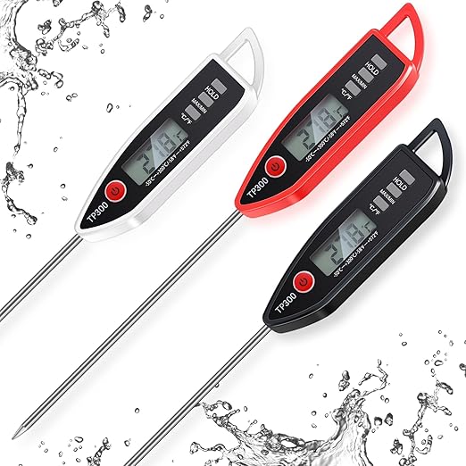 3 Pcs Instant Read Meat Thermometer with Long Probe 9.65 Inch Kitchen Cooking Food Candy Waterproof Digital Thermometer for BBQ Water Milk Yogurt Liquid (Pointed,Black,White,Red)