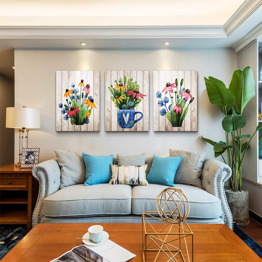 Vintage Wood grain plant flowers wall art for kitchen Wall Decoration for Living Room Wall decor for Bedroom room Decor 20" X 28" 3 Piece Framed Office Canvas print Artwork modern Home Decor painting