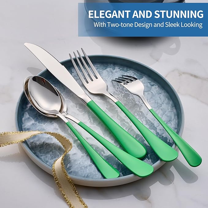 20-Piece Green Silverware Set, 18/0 Stainless Steel Green Handle Flatware Set, Service for 4, Modern Cutlery Set Includes Dinner Knives Forks Spoons, Mirror Polished, Dishwasher Safe