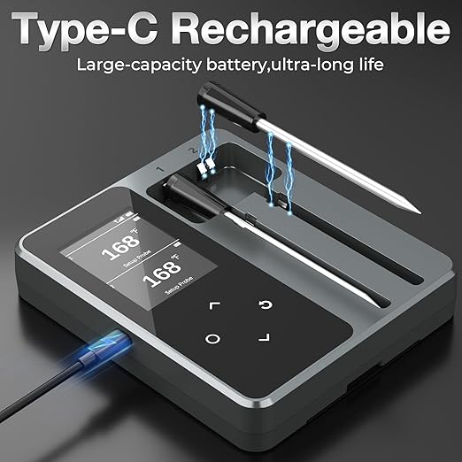Meat Thermometer, Maypott 2 Probes Wireless Digital Instant Read Meat Steak Thermometer Probe for BBQ Grill, Oven, Kitchen iOS & Andorid APP 2000mAh BBQ Accessories Adult Thermometer