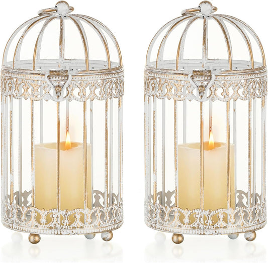 NUPTIO Candle Holders for Pillar Candles: 2 Set of 7.7 inch H Antique White Bird Cages Lantern Wedding Centerpiece Small Metal Hanging Pillars Holder for Bridal Shower Party Table Decorations