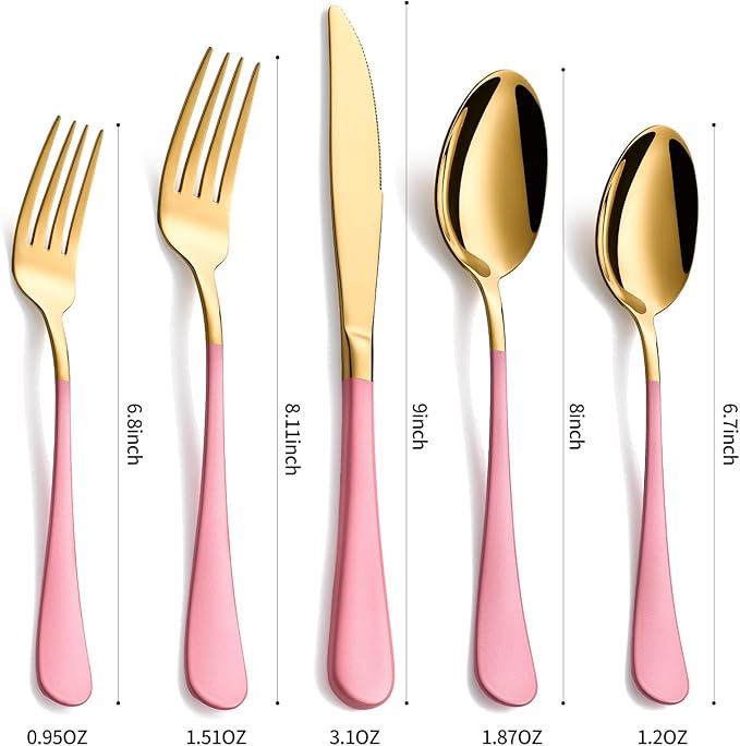 20-Piece Gold Silverware Set, 18/0 Stainless Steel Pink Handle Flatware Set, Service for 4, Modern Cutlery Set Includes Dinner Knives Forks Spoons, Mirror Polished, Dishwasher Safe
