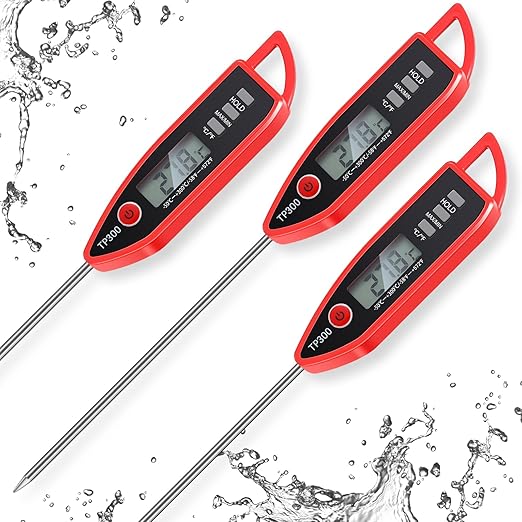 Instant Read Meat Thermometer with Long Probe 9.65 Inch Kitchen Cooking Food Candy Waterproof Digital Thermometer for BBQ Water Milk Yogurt Liquid(Pointed,Red)