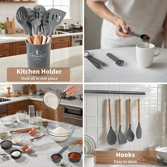 77L Silicone Cooking Utensils Set with Holder 32 PCS, Non-Stick Kitchen Cooking Utensils Set, Spatula, Turner, Tongs, Spatula, Spoon, Wooden Handle Kitchen Gadgets Utensil Set, Dishwasher Safe