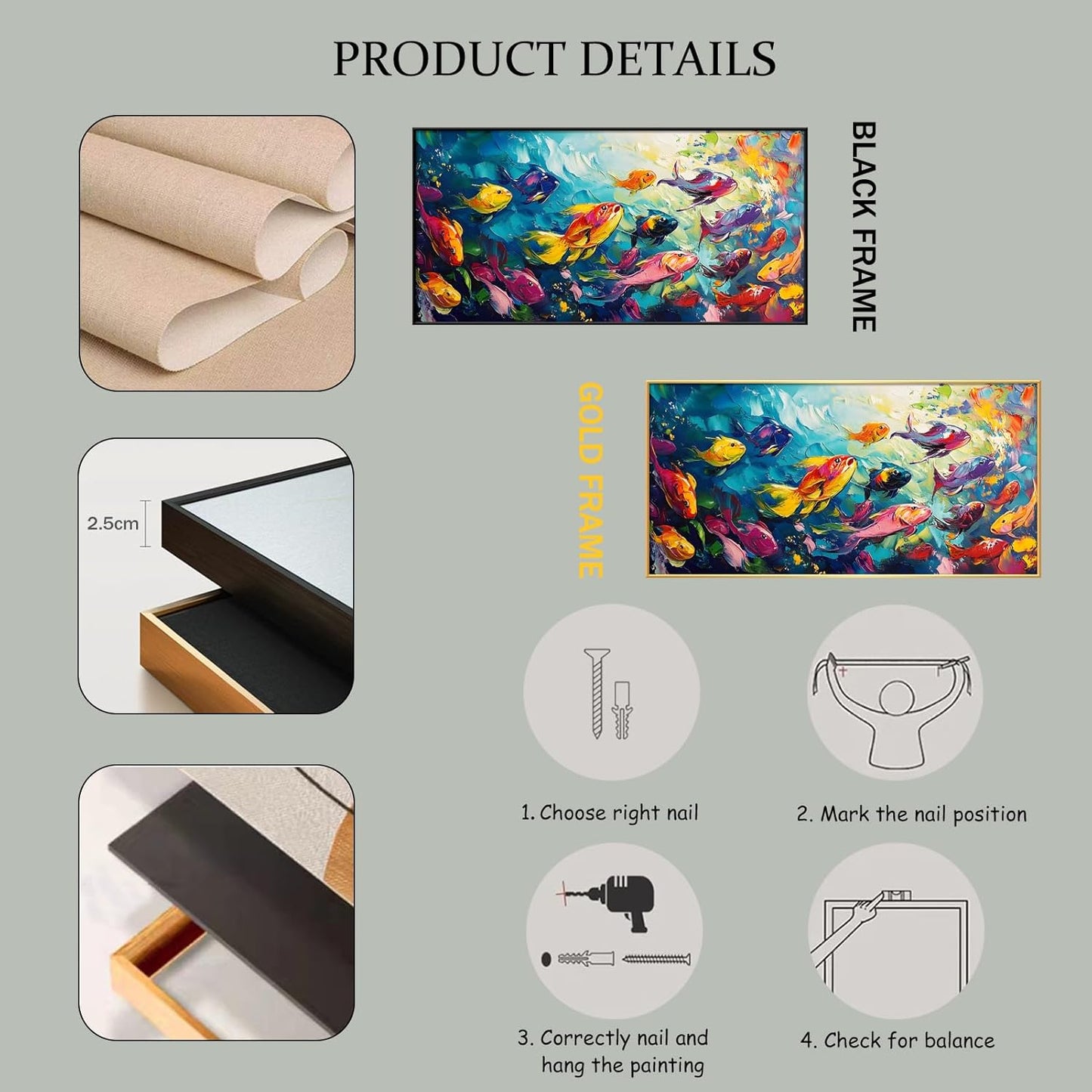 School of Fish Printed Canvas Wall Art – Framed Abstract Ocean Print – Vibrant Fish Wall Decor for Living Room, Bedroom, Office (Gold Framed, 62"x31"|160x80cm)