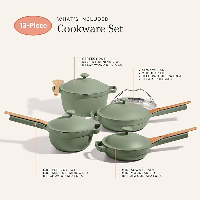 Our Place Cookware Set - 13-Piece Kit Including the Always Pan, Perfect Pot and Spatulas | Multifunctional, Toxin-Free Nonstick | Heat Safe up to 450°F | Oven, Stove, Induction Compatible | Sage