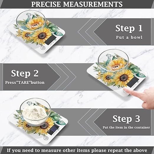 Digital Food Scale Sunflowers White – Fashion Design, 11lb/0.01oz, Tempered Glass, Kitchen Scales with LCD Display for Baking & Cooking, Batteries Not Included