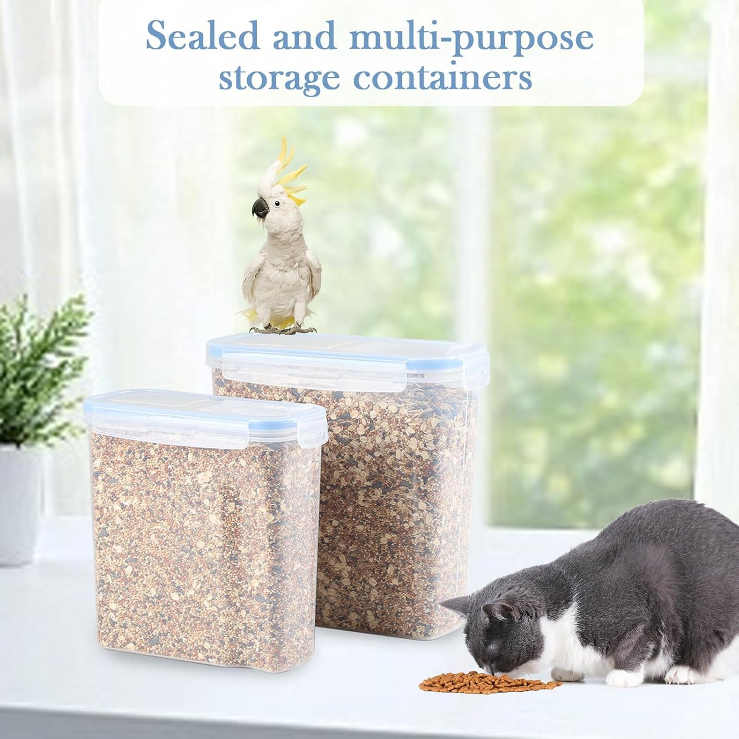 2Pack Bird Food Storage Container 3.52qt/4L & 2.2qt/2.5L, Airtight Pet Food Containers with Lids, Medium Latched Bird Seed Dispenser, BPA-Free