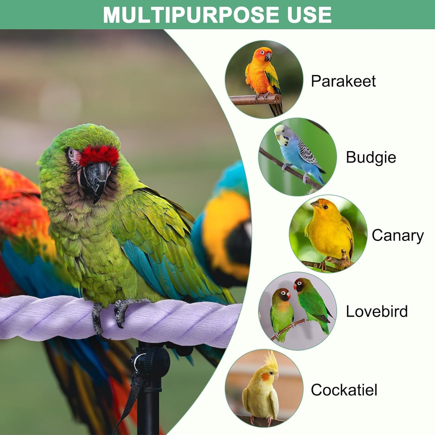 2-Pack Rope Perches for Bird Cages, 23.6 in Length Comfort Grip Flexible Rope Perch Beak & Paw Grinding for Parrots/Cockatiels/Parakeets, Bird Platform Sand [Purple]