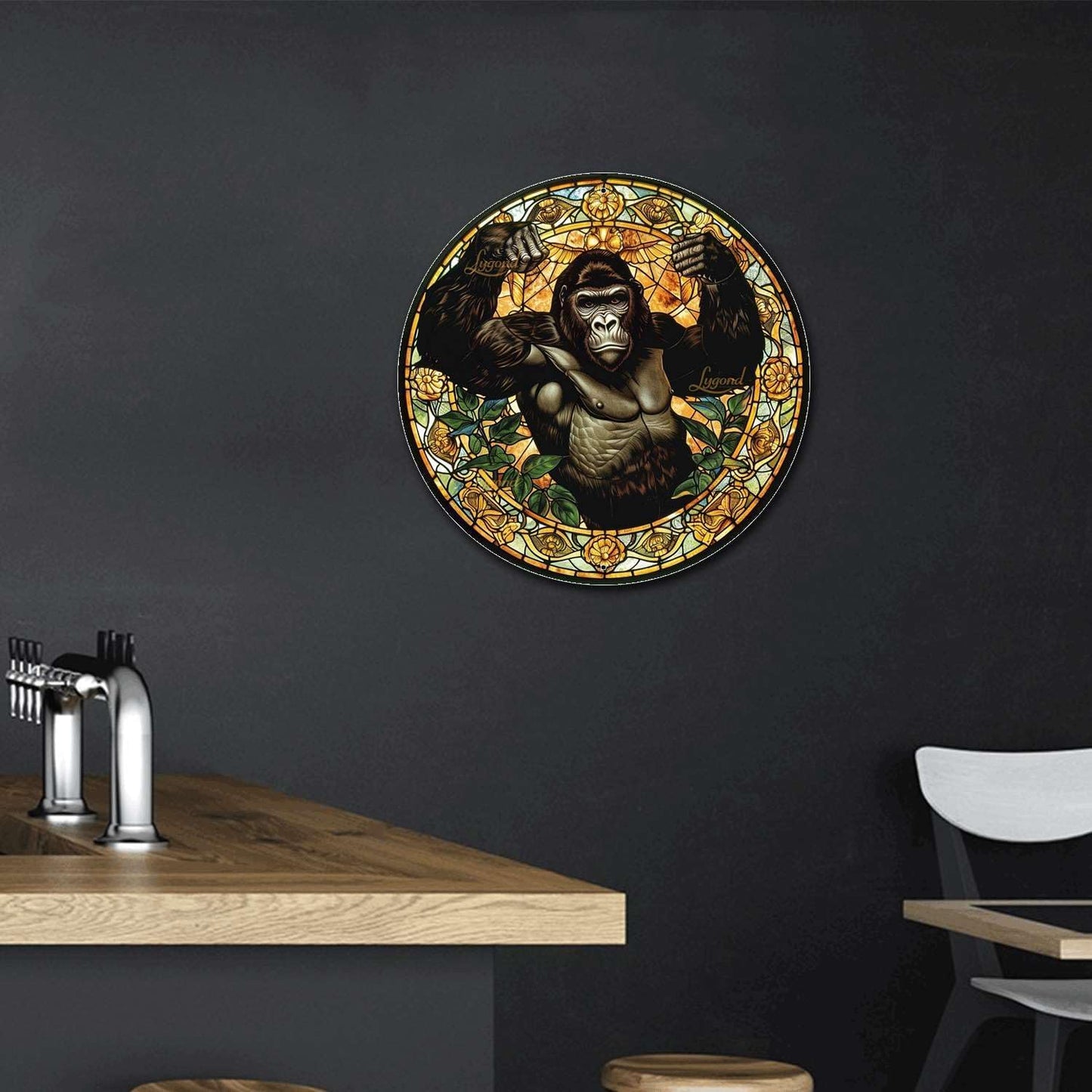 Lygond Metal Sign Tin Sign Circular Stained Glass Gorilla Sign For Garden For Pet 8×8 Inches
