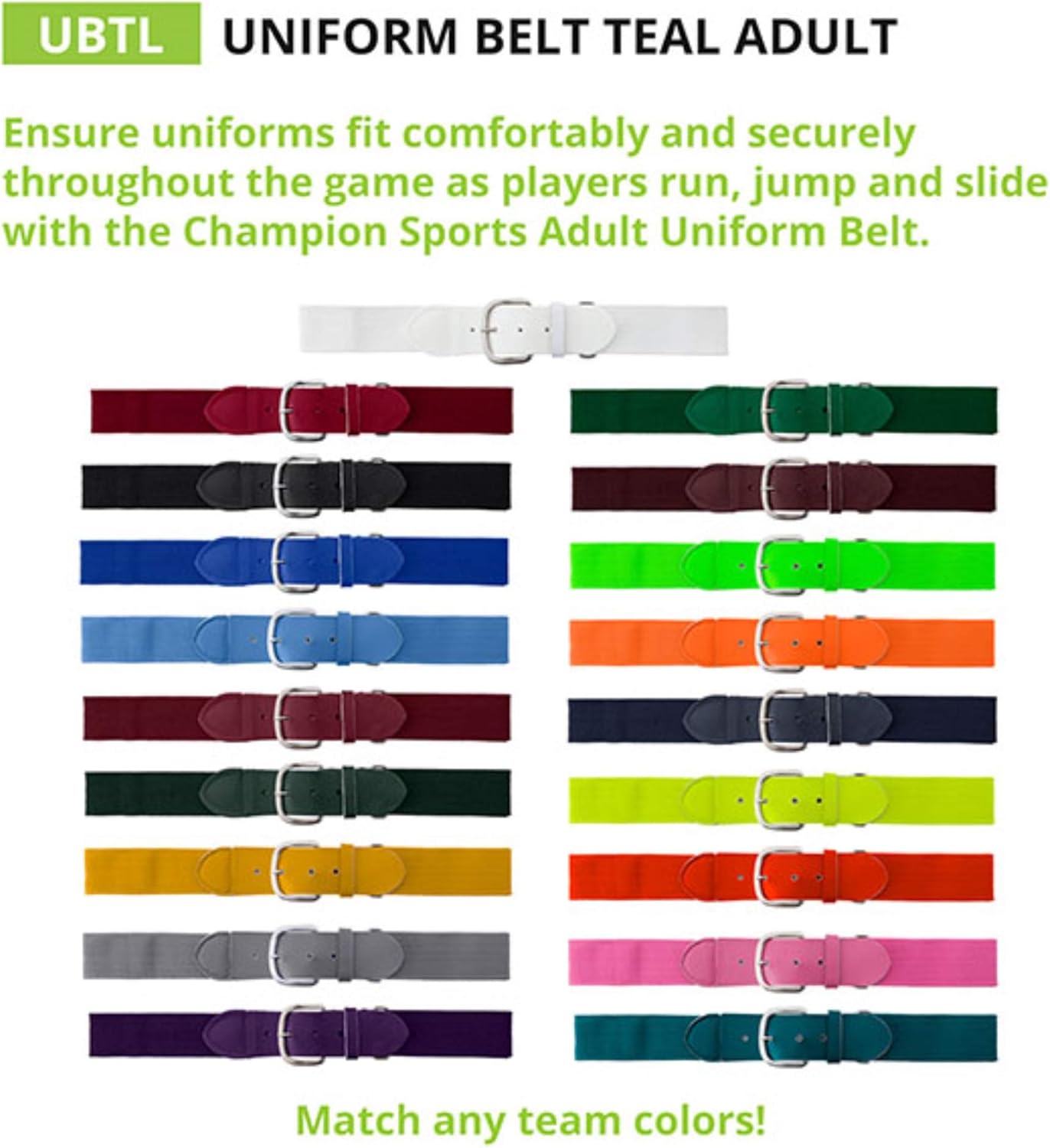 Champion Sports Baseball/Softball Uniform Belt, Comfort Stretch Fit Durable Syntex Tab - Youth & Adult Sizes, Multiple Colors