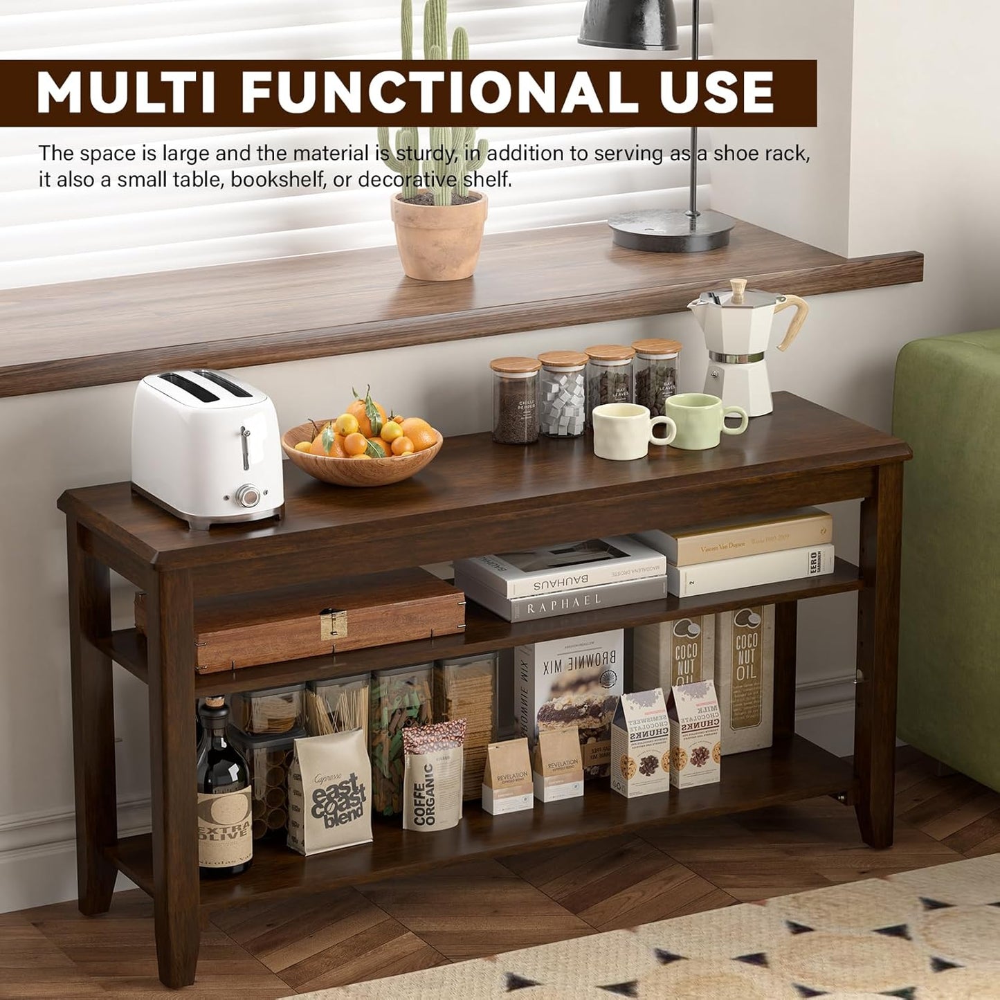 Shoe Bench Storage Rubberwood, Entryway Bench with 3-Tiers Height Adjustable, Shoe Rack Front Door Entrance Organizer for Hallway Living Room, Mudrooms, Walnut,31.5"