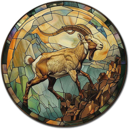 Lygond Metal Sign Tin Sign Circular Stained Glass Mountain Goat Garden Metal Sign For Bar 8×8 Inches