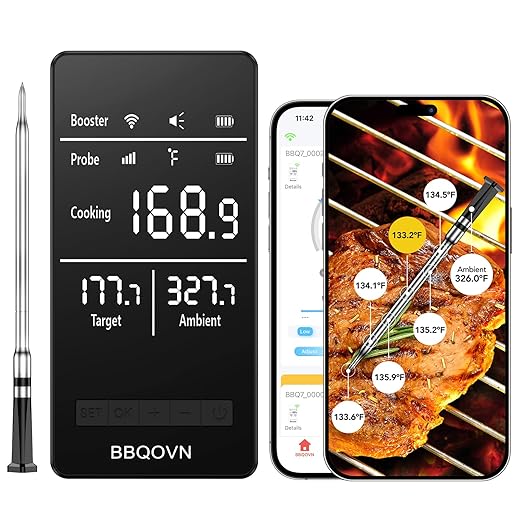 WiFi Sub-1g Wireless Meat Thermometer Unlimited Range, Check Temp Anywhere,7 NIST Certified Sensors with Ambient Temp Smart Digital Base,Monitor for BBQ, Grill,Oven, Smoker. (1, Black, Small)