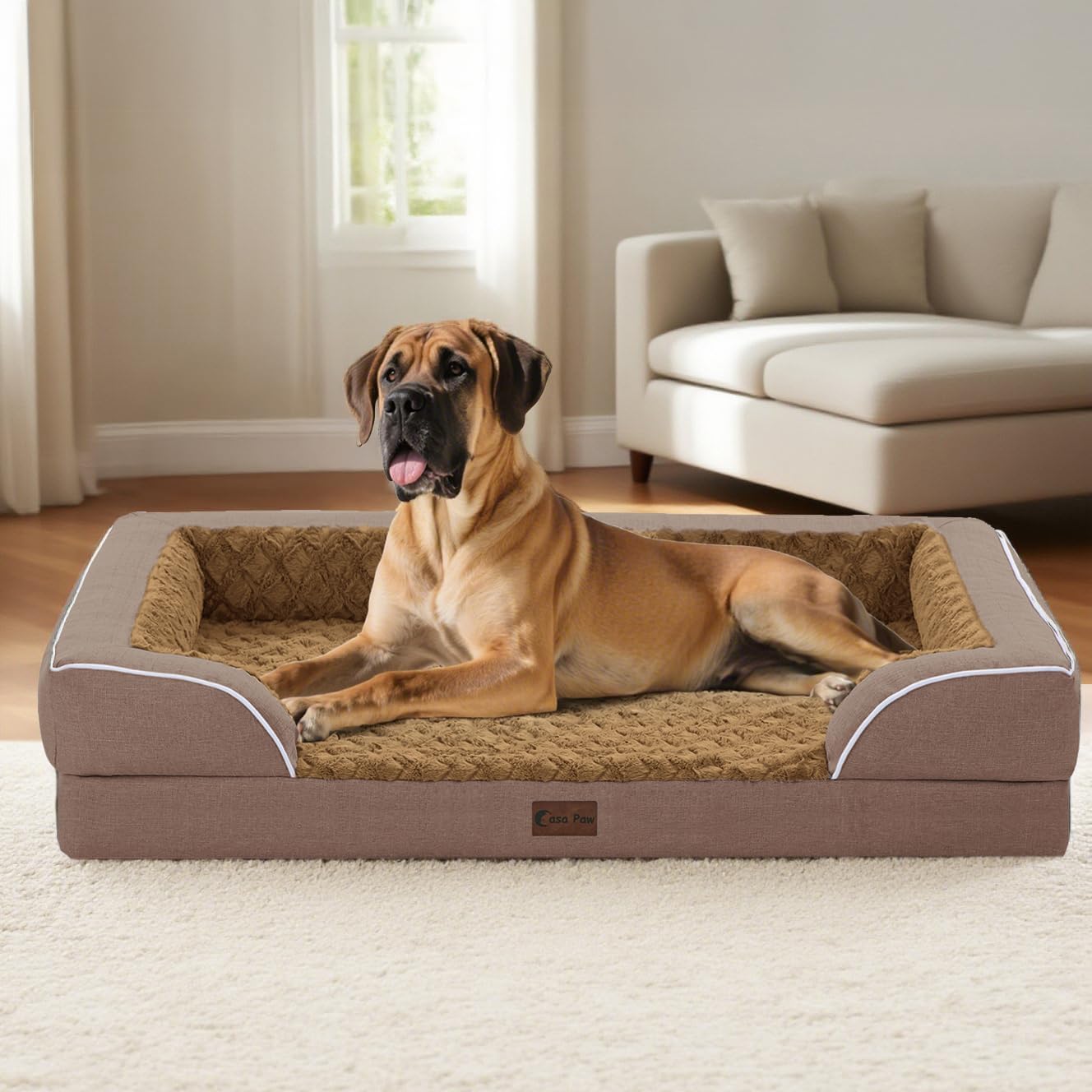 Orthopedic XL Dog Bed for Extra Large Dogs, Waterproof Memory Foam Dog Beds with Sides, Non-Slip Bottom and Egg-Crate Foam Big Dogs Couch Beds with Removable Washable Cover(X-Large,Brown)