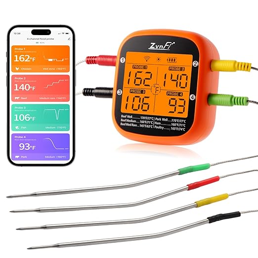 Instant Read Food Meat Thermometer Wireless Digital with LCD Display and 4 Stainless Probes,Advanced Electronic Thermometer Waterproof for BBQ Cooking Kitchen Outside Grill