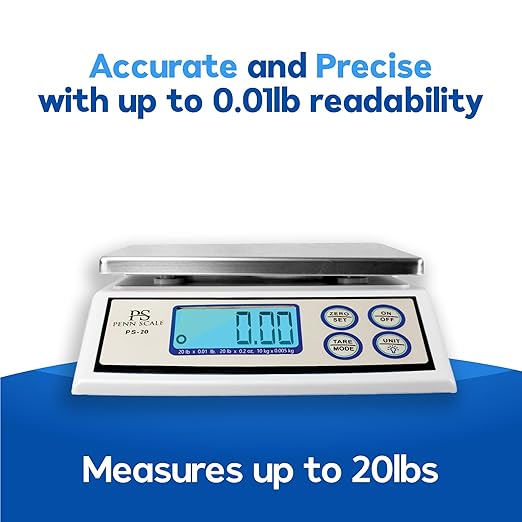 Penn Scale PS-20 Digital Kitchen Portion Scale - 20lb Electric Kitchen Scale with 0.01lb Readability - Removable Platter & LCD Display - KG, Lb, & Oz Unit Conversion (AC & Battery Powered)