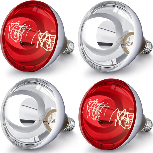 VIHOSE 4 Pack 250 Watt Heat Lamp 120v R40 Heat Lamp Bulbs Glass Incandescent Light Bulbs Incandescent Heating Lightbulbs for Reptiles Chicks Food Puppies Bathroom, Use E26 Base (Silver,Red)