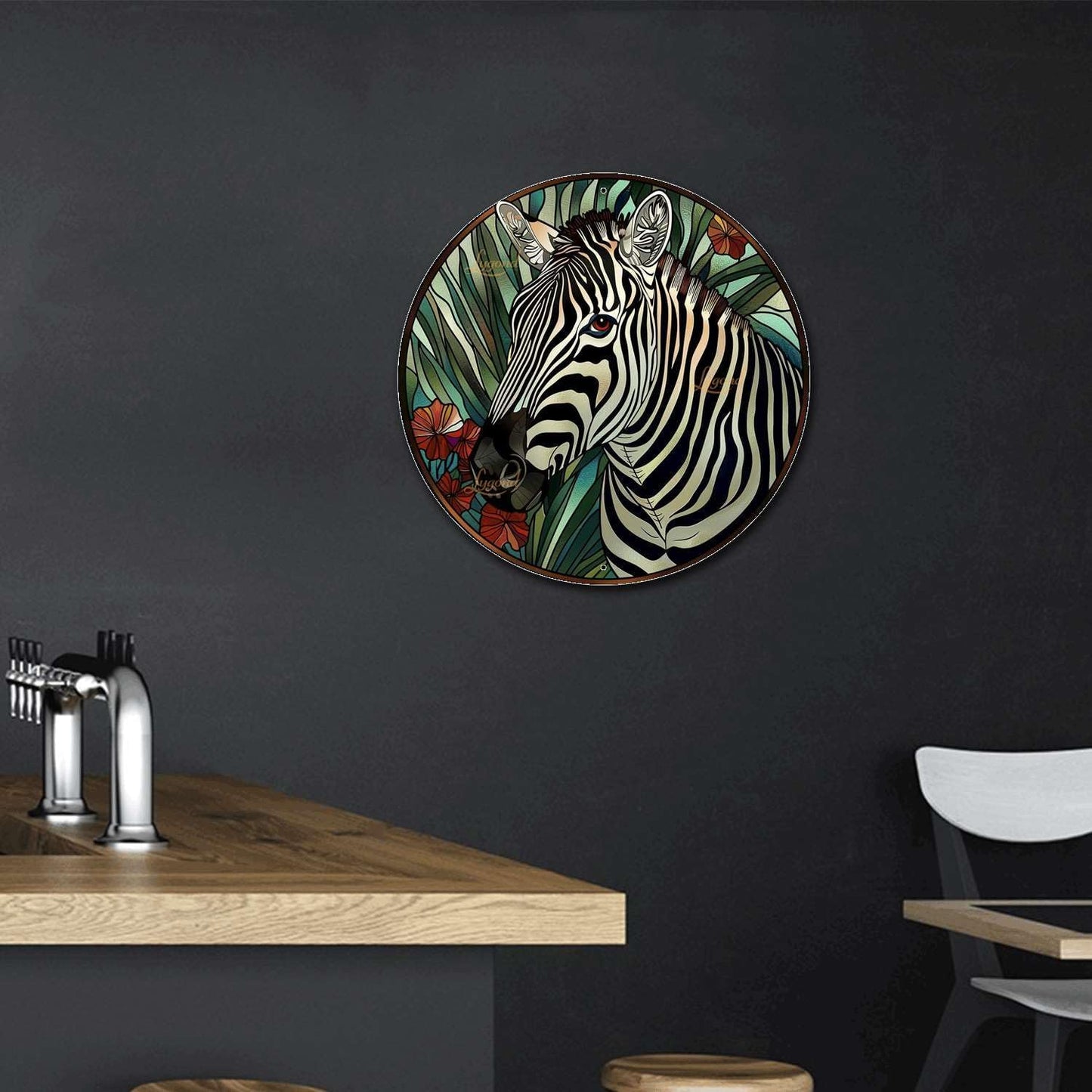Lygond Metal Sign Tin Sign Circular Stained Glass Zebra Decor Outdoor for Garden 12×12 Inches