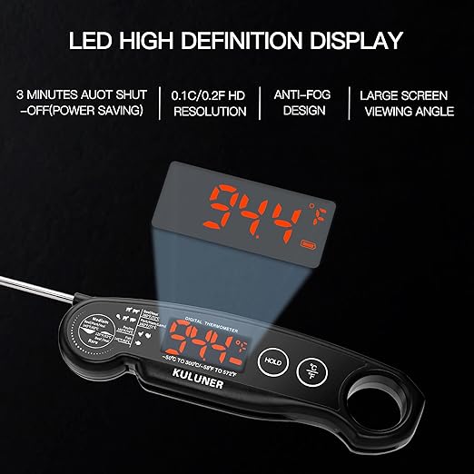 KULUNER 1-Second Rapid and Accurate Meat Thermometer - Waterproof Multifunctional Kitchen Food Thermometer, Ideal for Frying, Smoking, Grilling and More (Black)