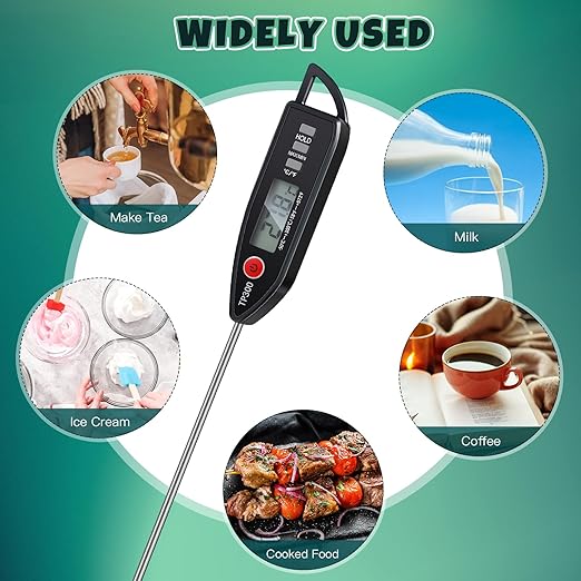 3 Pcs Instant Read Meat Thermometer with Long Probe 9.65 Inch Kitchen Cooking Food Candy Waterproof Digital Thermometer for BBQ Water Milk Yogurt Liquid (Pointed,Black)