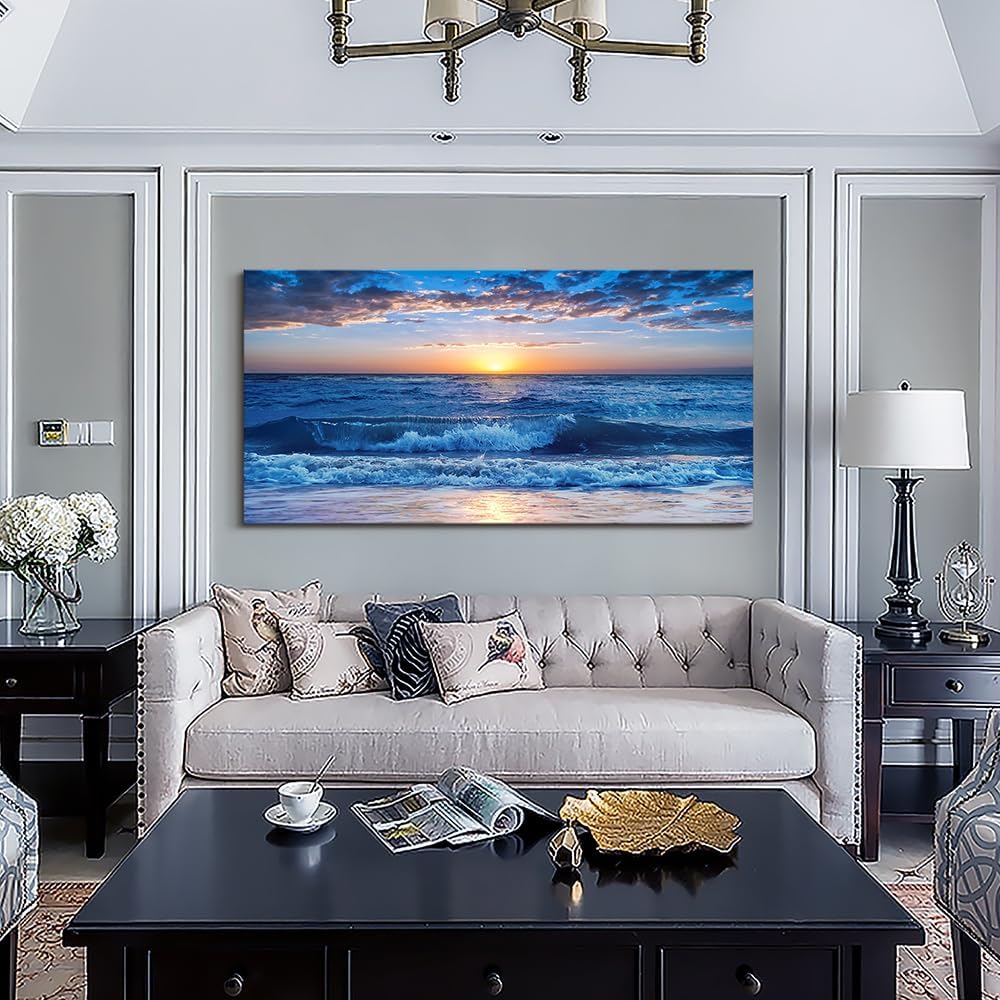 Lapremoly Large Wall Art For Living Room Canvas Wall Decor For Office Bedroom Wall Decorations Blue Ocean Beach Wall Painting Sunny Sea View Wave Wall Pictures Artwork Hotel Home Decor 30" X 60"