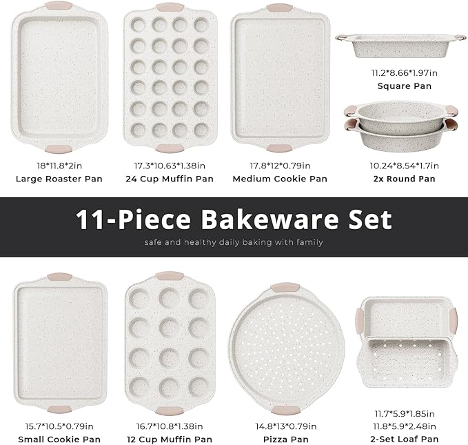 11-Piece Baking Pans Set Nonstick, Stackable Bakeware, Toxin-Free Baking Pans Set with Silicone Handles, Includes Cookie Sheets, Cake Pan, Loaf Pan, Pizza Pan, Muffin Pan, White&Khaki