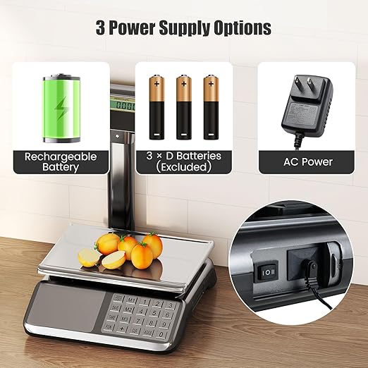 S AFSTAR Price Computing Scale with Pole Display, 88 lb Commercial Food Scale with Stainless Steel Platform, Rechargeable Battery, Tare & Count Function, Digital Market Scales for Retail Outlet, Meat
