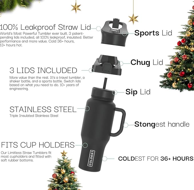 Coldest Tumbler with Handle and Straw, 100% Leak Proof Insulated Tumbler with Lid and Straw (3 Lids), Stainless Steel Tumblers for Women & Men, Cup Holder Friendly, 36 oz (Enchanted Green)