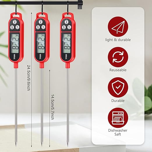 6 Pcs Instant Read Meat Thermometer with Long Probe 9.65 Inch Kitchen Cooking Food Candy Waterproof Digital Thermometer for BBQ Water Milk Yogurt Liquid Cooking(Red)