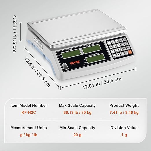VEVOR Industrial Counting Scale, 30 kg x 1 g, Digital Scale for Parts and Coins, g/kg/lb Units, Electronic Gram Scale Inventory Piece Counting Scale Kitchen Jewelry Counting Scale with 3 LCD Screens