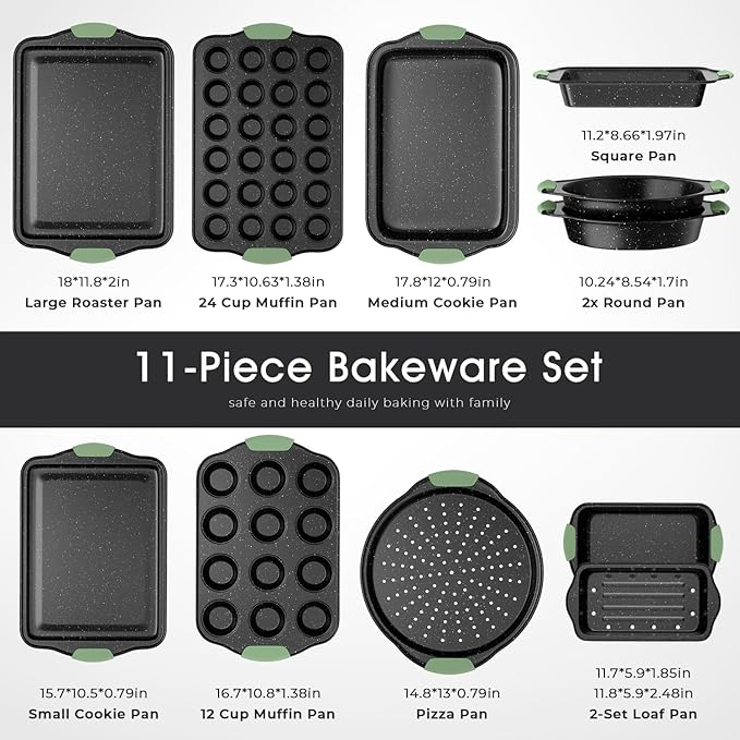 11-Piece Nonstick Bakeware Set, Stackable & Oven-Safe Kitchen Baking Pans with Silicone Handles - Includes Cookie Sheet, Cake Pan, Muffin Tin, Pizza Stone & Bread Loaf Pan, Dark Green&Black