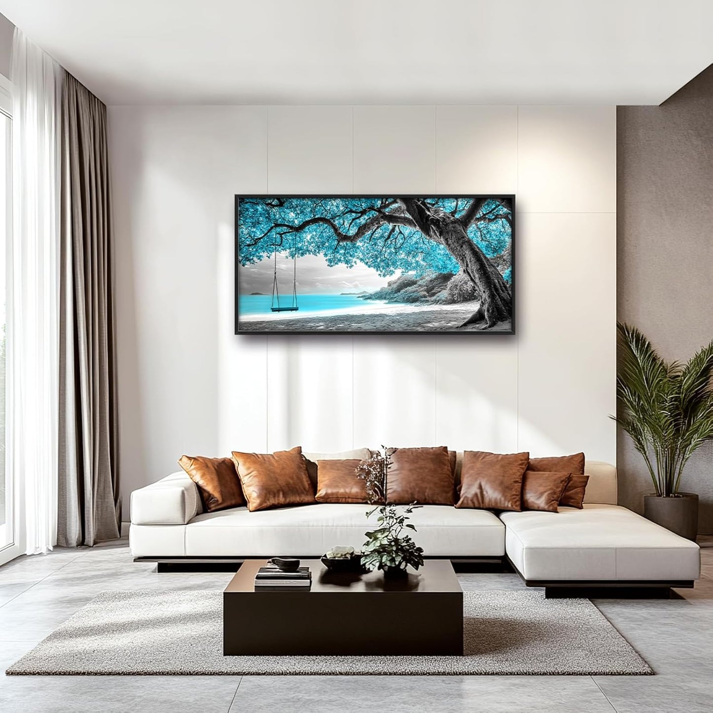 Extra Large Framed Abstract Tree Wall Art,Black and White Tree of Life Wall Decor,Blue Teal Sea Pictures for Living Room,Canvas Print Painting Modern Artwork Bedroom Office Bathroom 60L x 30W