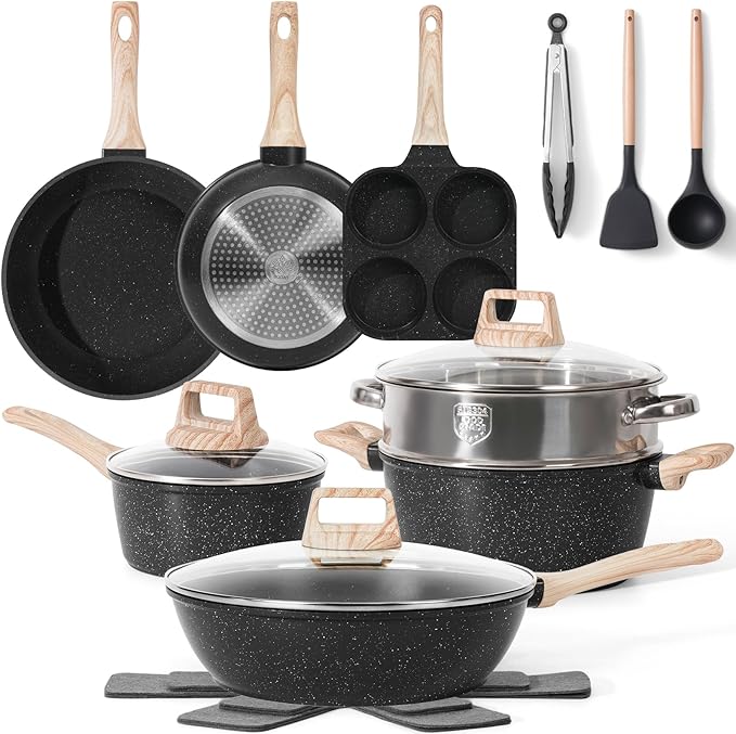 17 Pcs Pots and Pans Set Non Stick Kitchen Cookware Sets Nonstick Induction Cookware Non-toxic Black Granite Cooking Tools with Stay-Cool Handles, Pot Protectors (PFOS/PFOA Free)