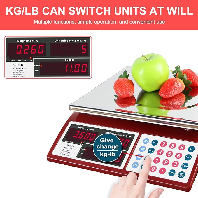 CAMRY Price Computing Scale Commercial Food Scale 66lb / 30kg Fruit Meat Produce, Dual Bright LED Display Stainless Steel Platform, for Deli Farmers Markets Restaurant
