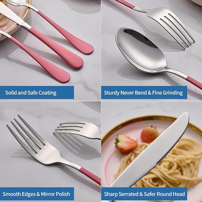 20-Piece pink Silverware Set, 18/0 Stainless Steel pink Handle Flatware Set, Service for 4, Modern Cutlery Set Includes Dinner Knives Forks Spoons, Mirror Polished, Dishwasher Safe