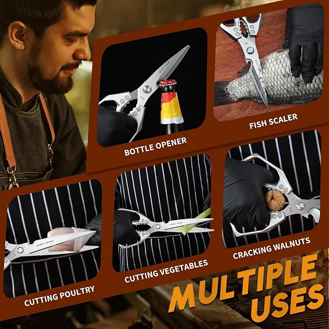 HUUSK Kitchen Scissors Set Silver - Upgraded Stainless Steel Kitchen Shear, Sharp Meat Scissors Dishwasher Safe, Heavy Duty Poultry Shears, Japanese Cooking Scissor for Food, Christmas Gifts for Women