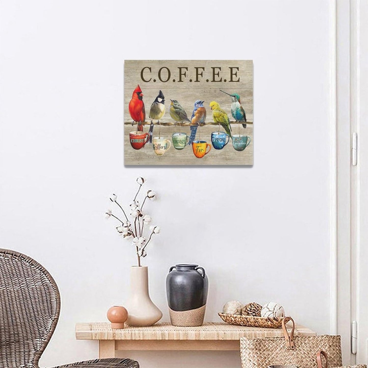 Rustic Bird Coffee Wall Art Kitchen Christ Coffee Pictures Wall Decor Farmhouse Cardinal Hummingbird Canvas Print Painting Artwork for Coffee Bar Living Room Bedroom 16"x20"