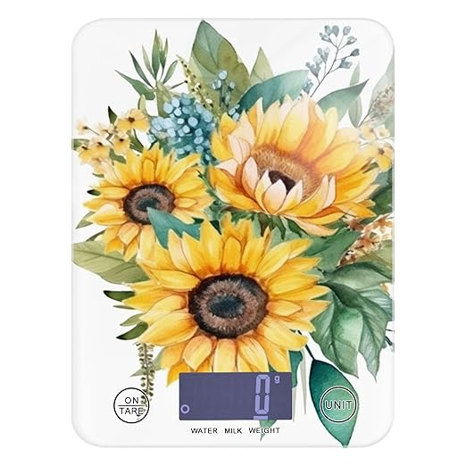 Digital Food Scale Sunflowers White – Fashion Design, 11lb/0.01oz, Tempered Glass, Kitchen Scales with LCD Display for Baking & Cooking, Batteries Not Included
