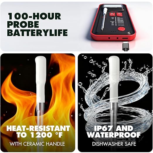 AI Digital Meat Thermometer, 500 ft Long Range Bluetooth Grill Thermometer for Smoker, Oven, BBQ, Digital Food Thermometer for Kitchen Cooking (Single Probe)