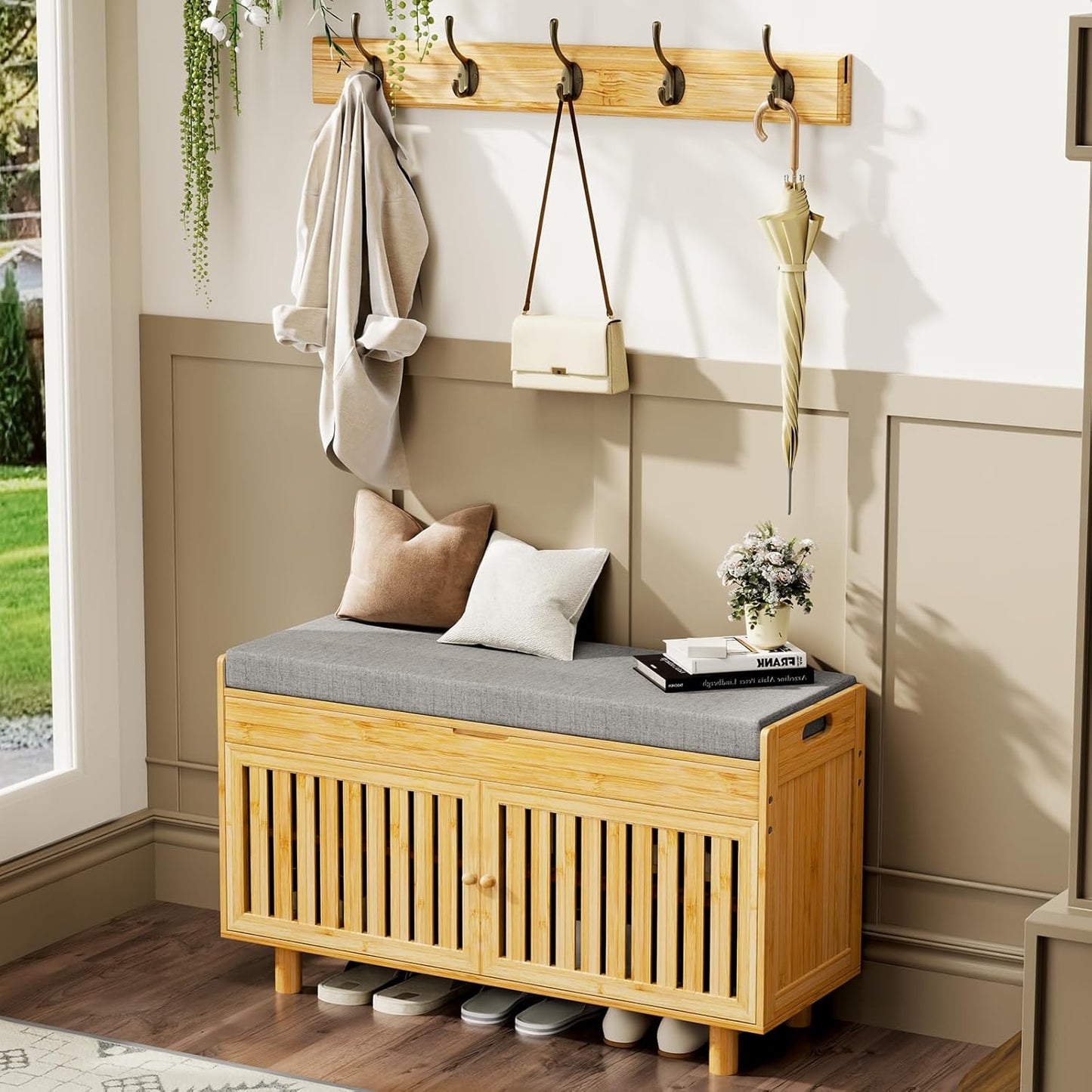 Coat Rack Shoe Bench Set, Bamboo Shoe Storage Bench with Seat Cushion & 5 Hooks, Hall Tree Entryway Bench with Lift Top Hidden Storage, 35.4" W x 12.6" D x 19.7" H, for Entryway, Living Room, Bedroom